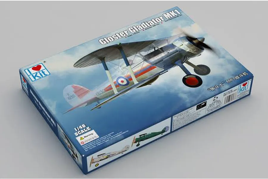 I Love Kit 1/48 Gloster Gladiator MK1 fighter plastic model kit packaging box shown from an angled perspective against a plain background.