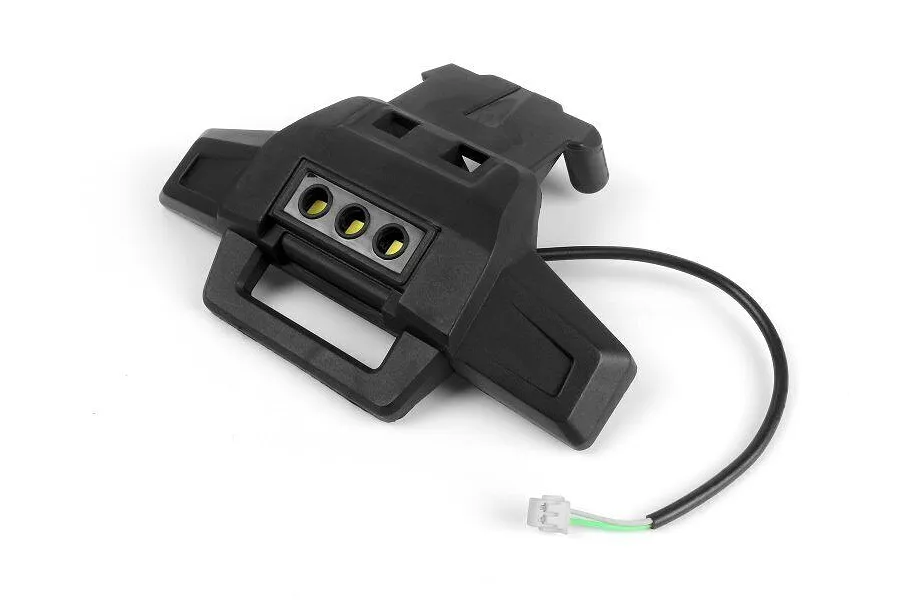 Maverick black plastic front bumper with integrated three-LED light unit and wire harness against a white background.