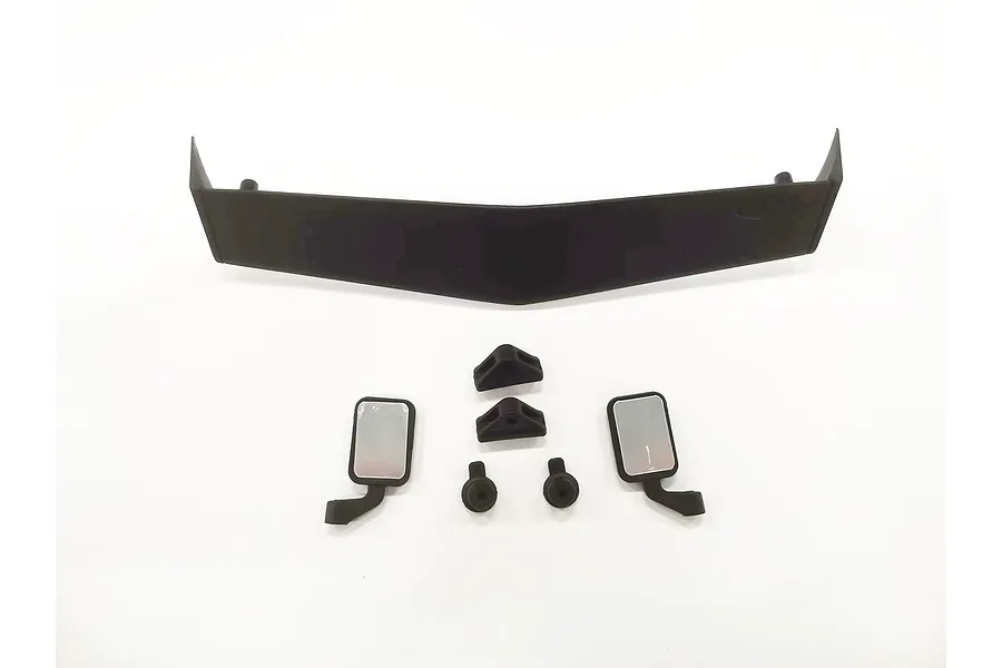 RGT 1/10 window visor eaves and rear view mirror set laid out on a white background, including black plastic visor, two mirrors, and mounting hardware.