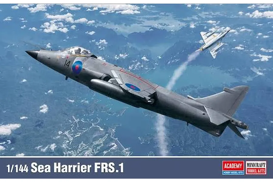 Box art illustration of an Academy 1/144 Sea Harrier FRS.1 model jet flying above clouds and a landscape.