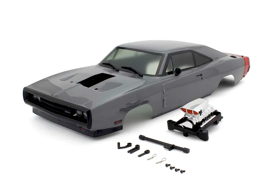 Kyosho 1/10 1970 Dodge Charger VE painted grey RC body shell with accessories displayed on white background.