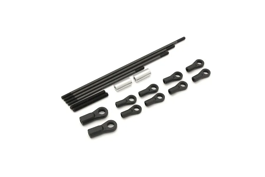 Kyosho steering rod set laid out on a white background, including threaded rods, plastic ball ends, and metal standoffs.