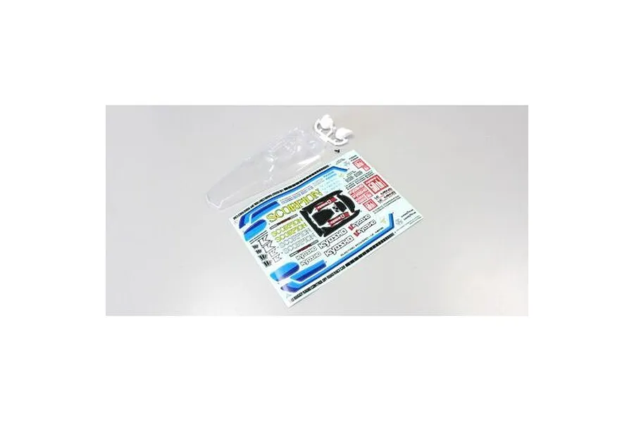 Kyosho 1/10 Scorpion unpainted clear body shell laid out with a decal sheet and small white plastic parts on a white background.