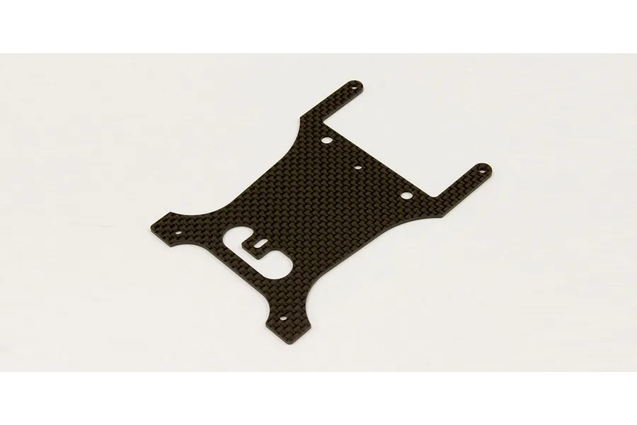 Kyosho carbon fibre servo plate featuring a woven texture and pre-drilled mounting holes, presented on a white background.