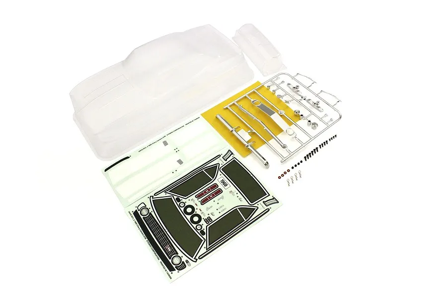 Clear unpainted RC car body shell with a sticker sheet, chrome parts tree, hardware, and window masks on a white background.