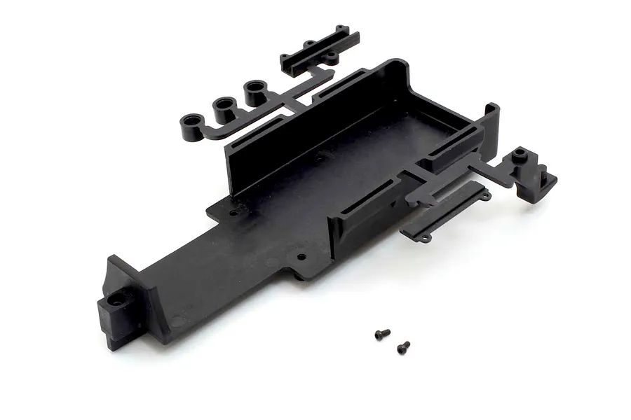 Kyosho black plastic battery tray set and mounting components on a white background.