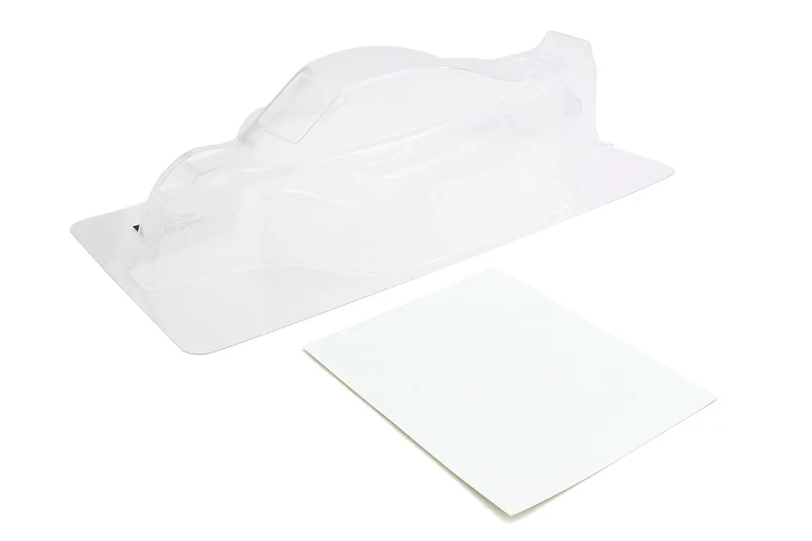 Kyosho MP10e TK12 unpainted clear body shell and decal sheet on a white background