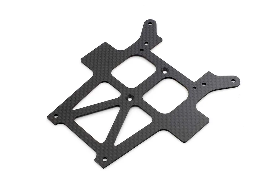 Kyosho Carbon Fibre Upper Deck studio product view showing the flat woven carbon plate with multiple mounting holes and cutouts against a clean white background.