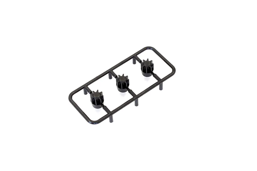 Kyosho 8T Pinion Gears on a black plastic tree against a clean white background.