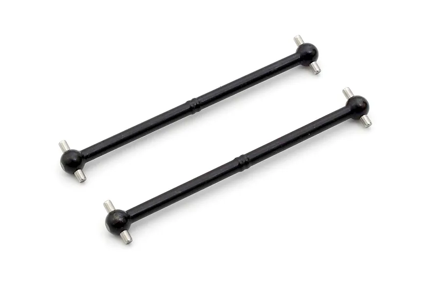 Two black metal RC driveshafts with cross pins at both ends against a clean white background.