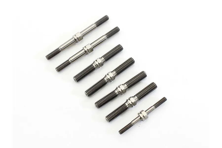 Kyosho titanium turnbuckle set consisting of six threaded metal rods arranged diagonally on a white background.