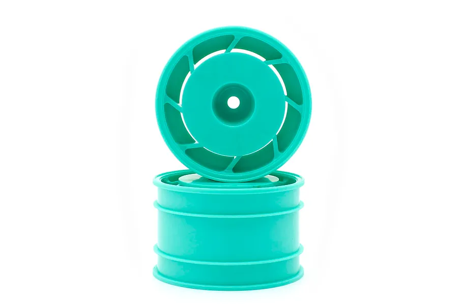 Two peppermint green RC buggy rear rims stacked against a clean white background in a studio shot.