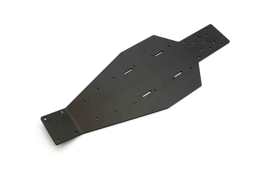 Kyosho carbon fibre main RC chassis plate featuring pre-drilled mounting holes and slots against a clean white background.