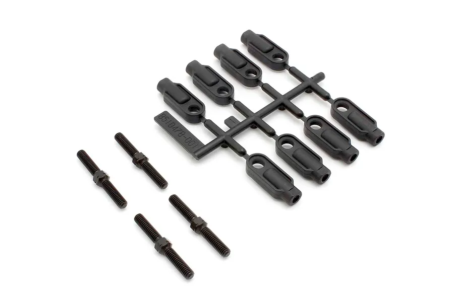 Kyosho adjustable upper arm set including black plastic suspension rod ends on a parts tree and four threaded metal turnbuckle rods on a white background.