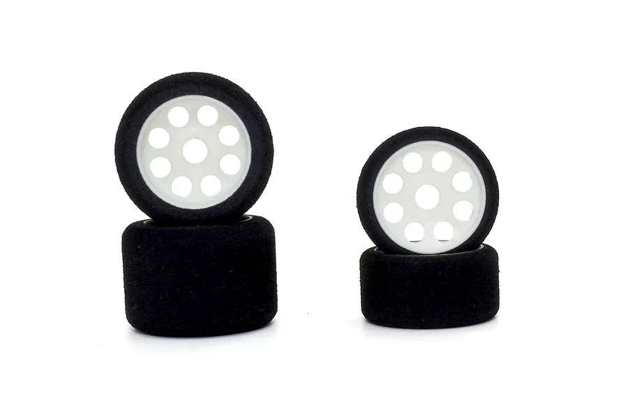 Kyosho 1/12 scale front and rear foam tyres with white rims displayed in a set of four against a white background.