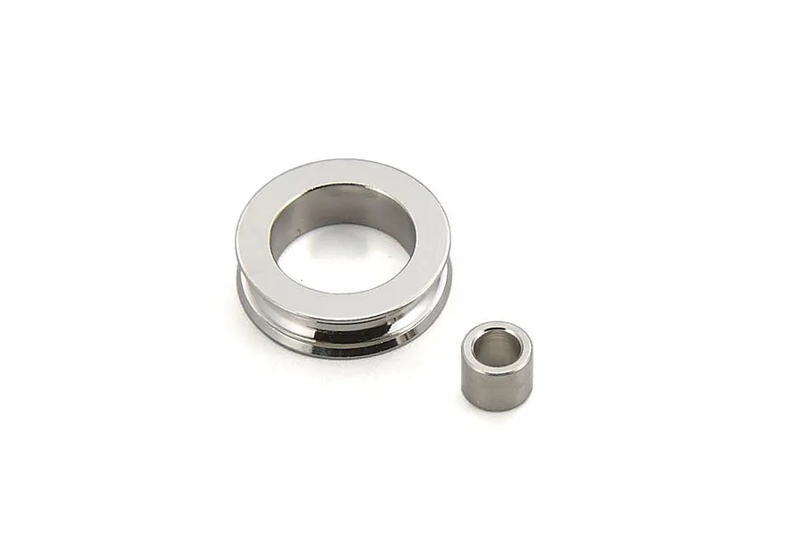 Silver metal roller and small cylindrical bushing parts displayed on a plain white background.