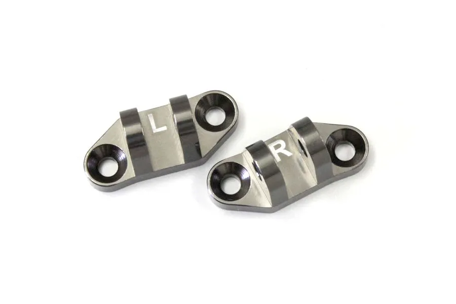 Kyosho gunmetal aluminium front upper pivot mounts, two pieces labeled L and R against a plain white background.