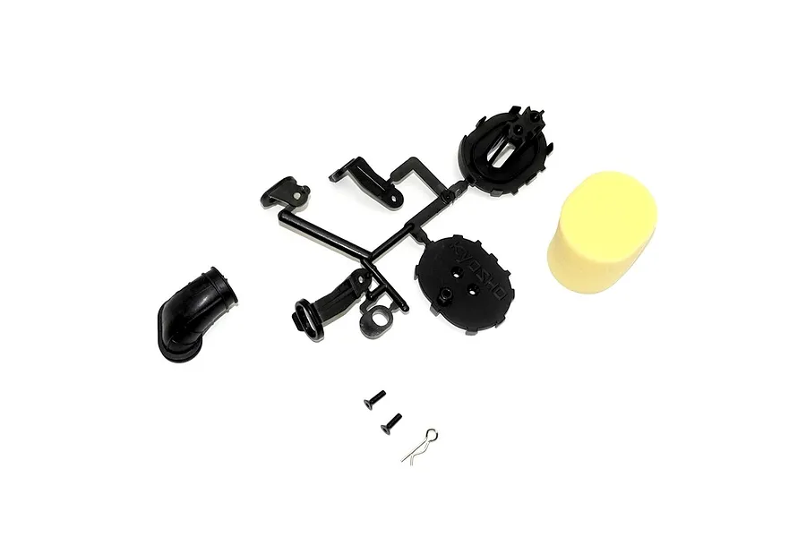 Kyosho MP9 TKI4 air cleaner set components laid out on a white background including plastic parts tree, foam filter, rubber boot, and screws.