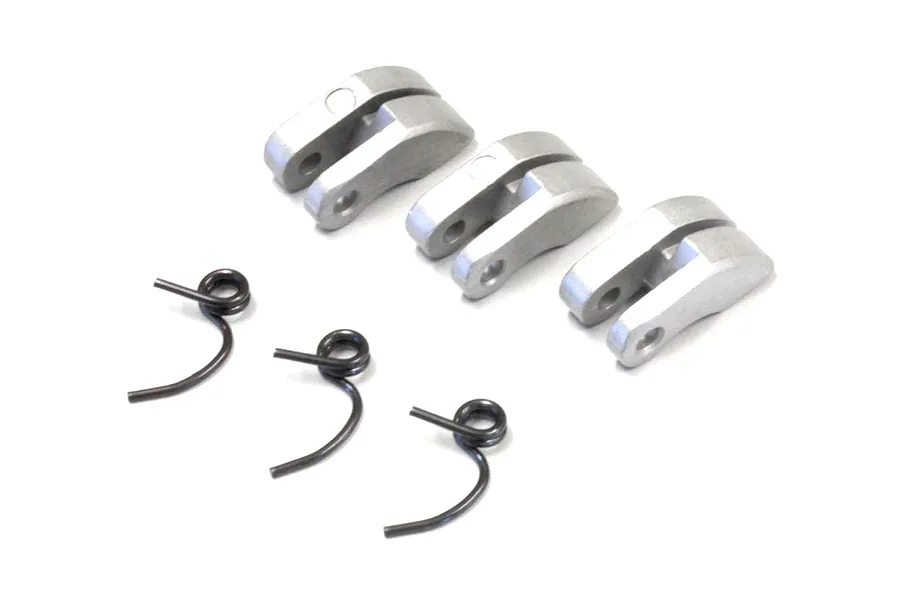 Kyosho ADC clutch shoe set containing three silver metal clutch shoes and three black metal clutch springs on a white background.