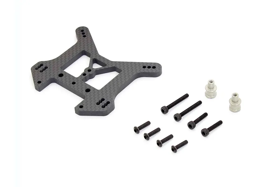 Kyosho carbon fibre rear shock tower with included metal screws and standoffs on a white background.
