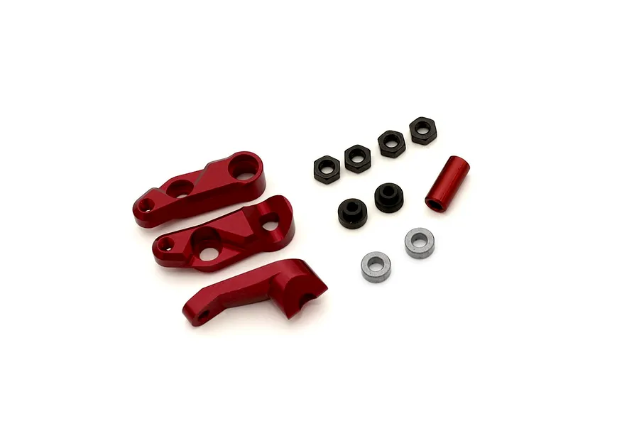 Kyosho aluminium servo saver kit in red with mounting hardware including nuts and bushings on a white background