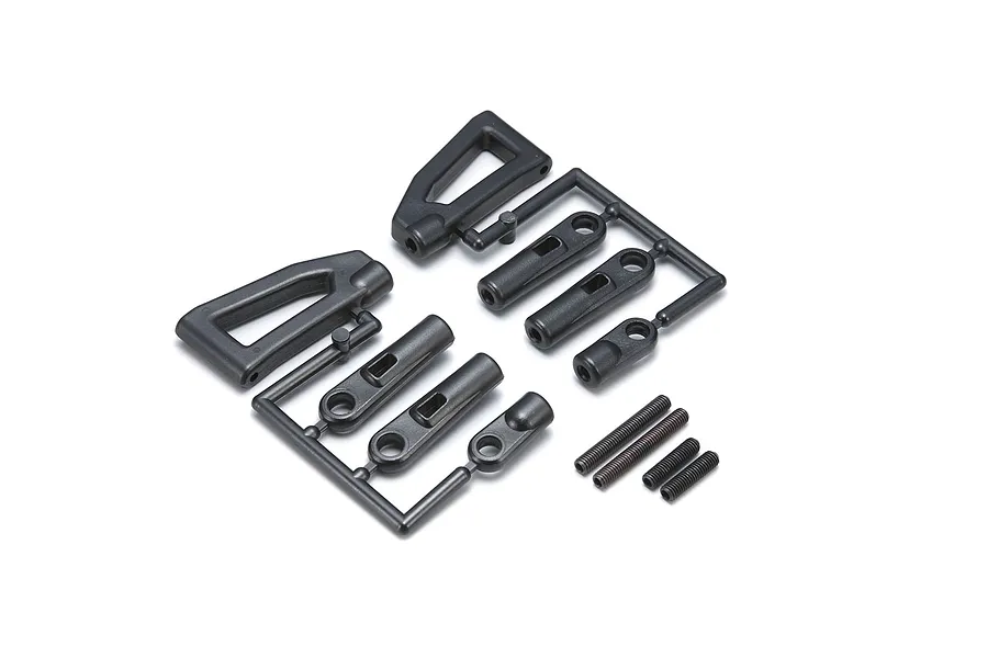 Kyosho upper suspension arm set featuring black plastic parts on trees and small threaded grub screws on a white background.