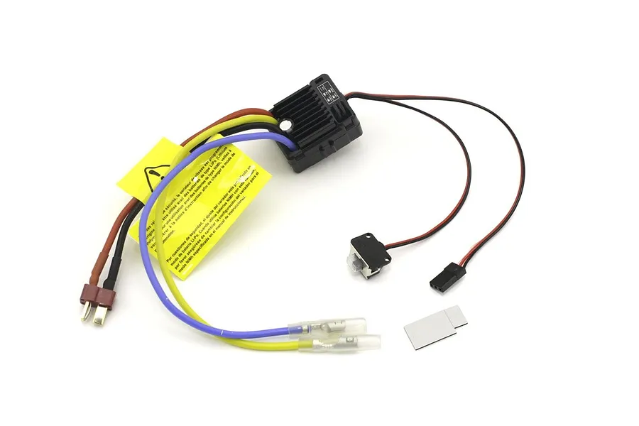 Kyosho electronic speed controller with attached power wires, motor leads, receiver plug, switch, and warning tag on a white background.