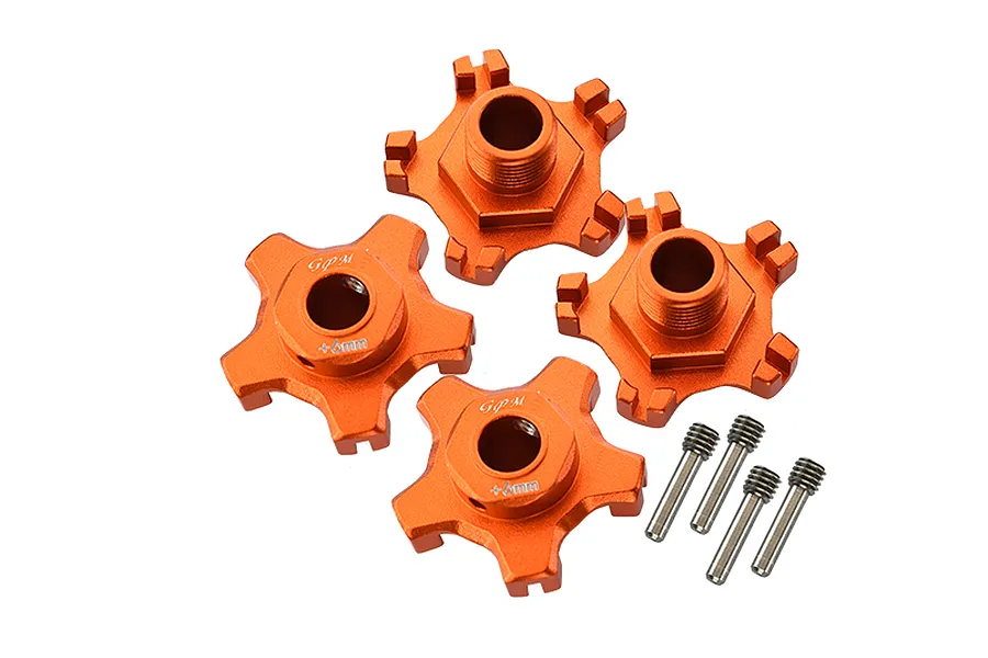GPM orange anodized aluminium clawed wheel hex adapters with offset and mounting pins against a white background.