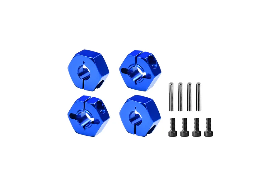 Four blue anodized aluminium clamping wheel hexes displayed with four metal pins and four socket head screws on a white background.
