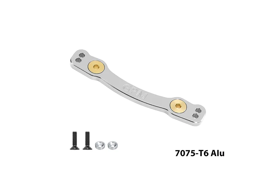 GPM silver aluminium steering linkage part with brass inserts, two screws, and two silver washers on a white background.