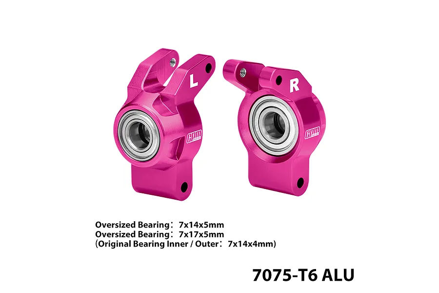 GPM aluminium rear hubs in purple with larger bearings installed, labeled L and R, shown against a white background with text specs.