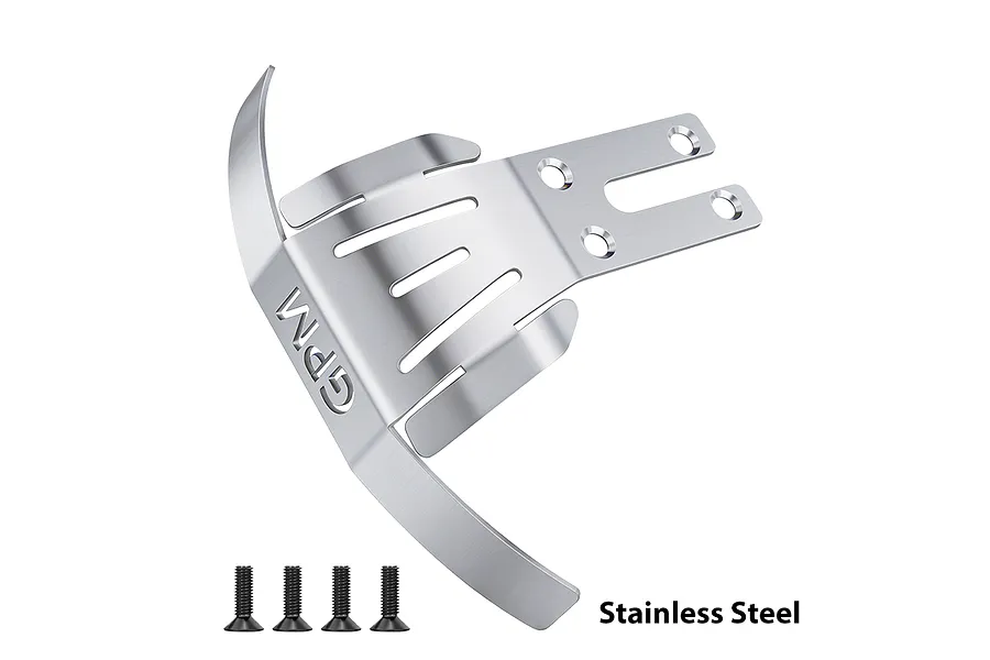 GPM stainless steel front skid plate and four mounting screws on a white background.