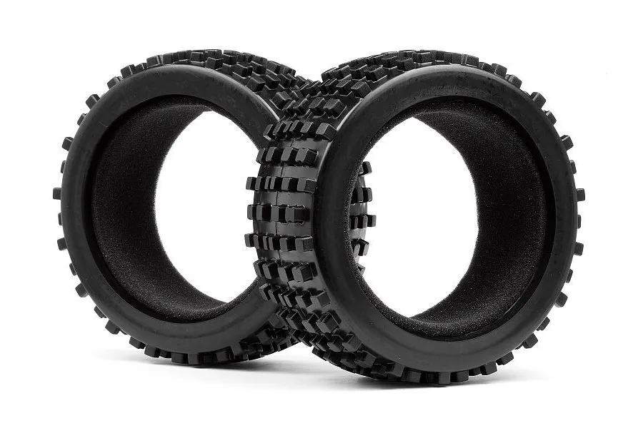 Two black rubber RC monster truck tyres with block tread patterns and internal foam inserts against a white background.