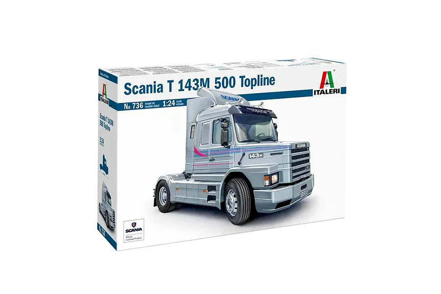 Italeri 1/24 Scania T143 M500 Top Line Truck model kit packaging box showing a finished model.