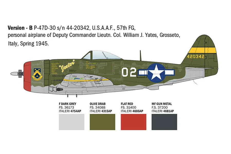 Illustration showing Version B painting and marking guide for a P-47D Thunderbolt model airplane with colour swatches.