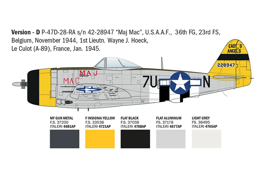 Painting guide and color swatches for Version D P-47D Thunderbolt model kit, showing side profile and paint codes.