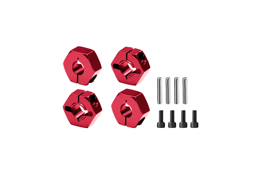GPM Aluminium 12mm Clamping Wheel Hexes in red, with four wheel hexes, four pins, and four socket screws on a white background.
