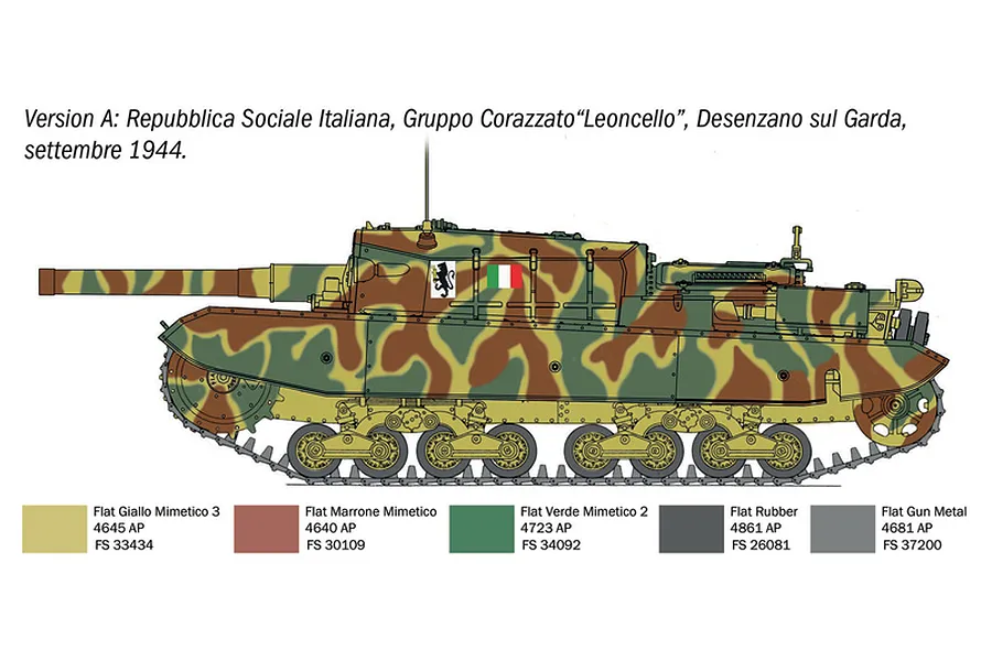 Profile illustration showing a Semovente M43 Bassotto tank with camouflage paint, Italian flag, and a colour reference key below.
