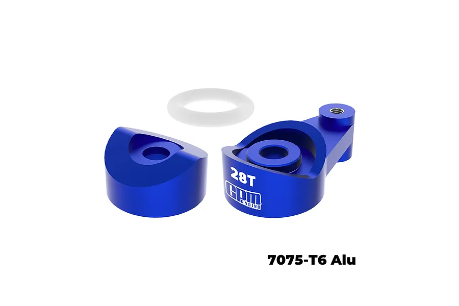 GPM blue aluminium 28T servo horn with servo saver components and a white O-ring on a white background.