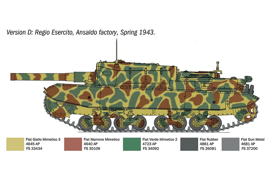 Colour and camouflage painting guide diagram for Version D of the Italeri Semovente M43 tank model kit.