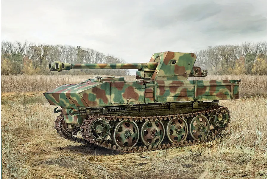 Box art painting of a Italeri 1/35 scale RSO military vehicle with PAK40 anti-tank gun in a field.
