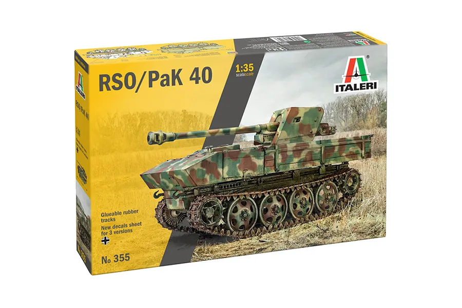 Italeri 1/35 scale RSO/PaK 40 military vehicle plastic model kit box featuring artwork of a camo tank.