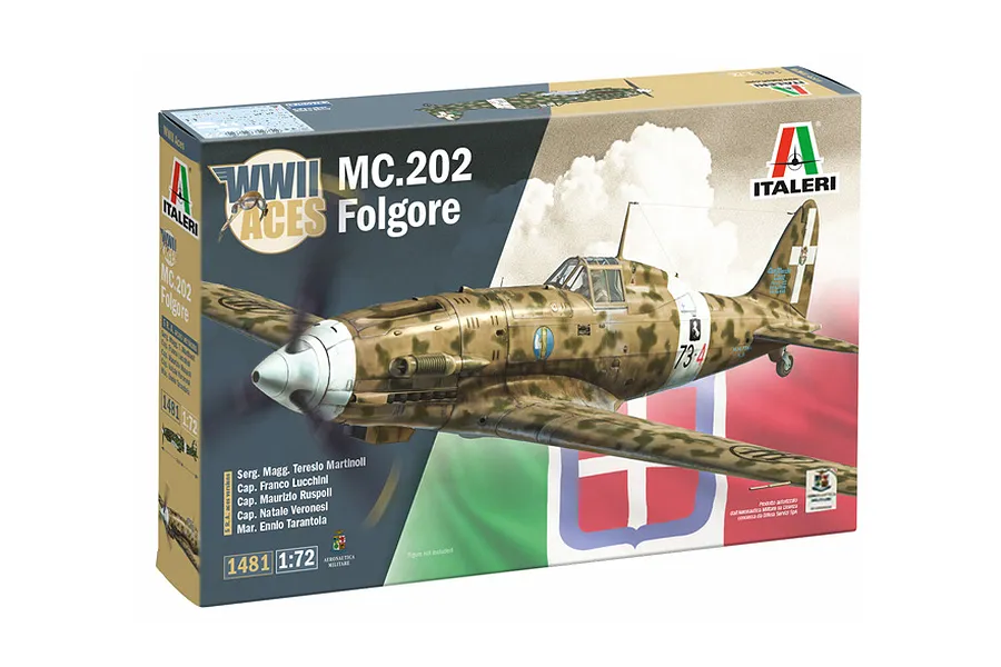 Italeri 1/72 scale MC.202 Folgore plastic model kit packaging box showing box art of the fighter plane.