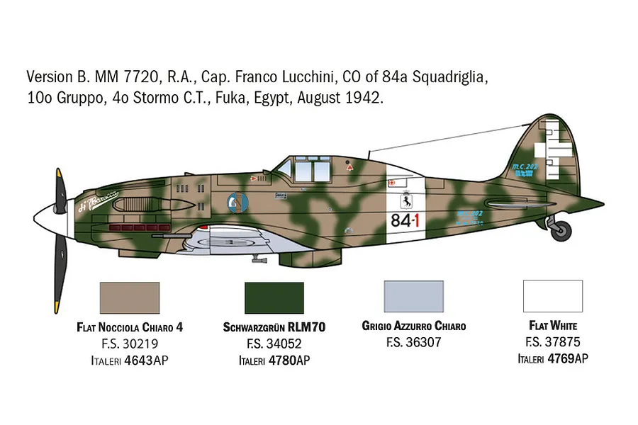 Colour profile diagram for Italeri MC.202 Folgore fighter showing camouflage scheme and paint color callouts.