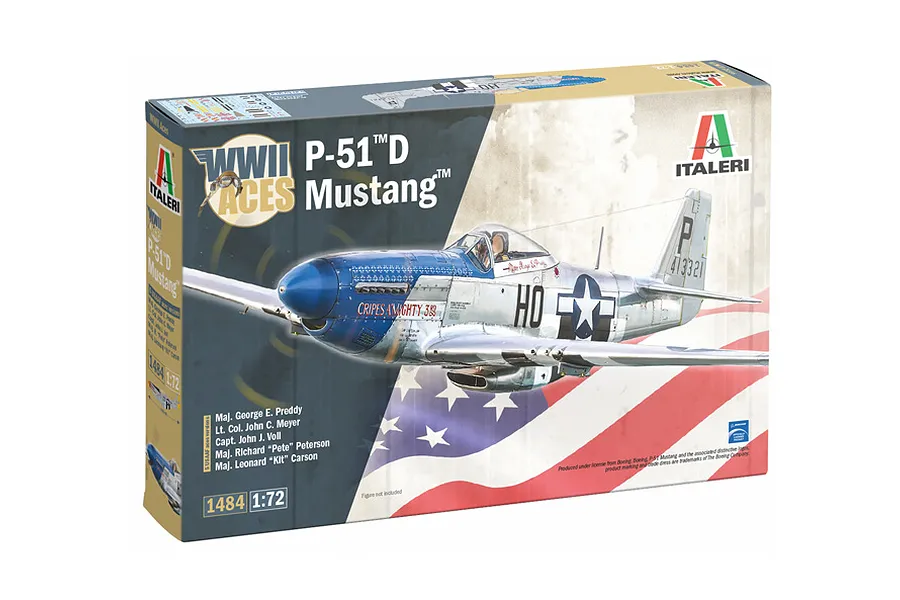 Product packaging for the Italeri 1/72 P-51D Mustang Aces fighter model kit, showing box art with a silver and blue P-51D fighter plane and an American flag background.