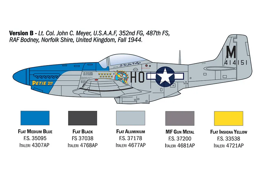 Diagram showing Version B paint and decal scheme for Italeri 1/72 P-51D Mustang model kit with colour swatches.