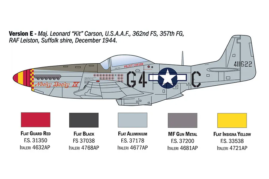 Colour profile diagram of P-51D Mustang fighter aircraft Version E with paint swatches for Italeri model kit.