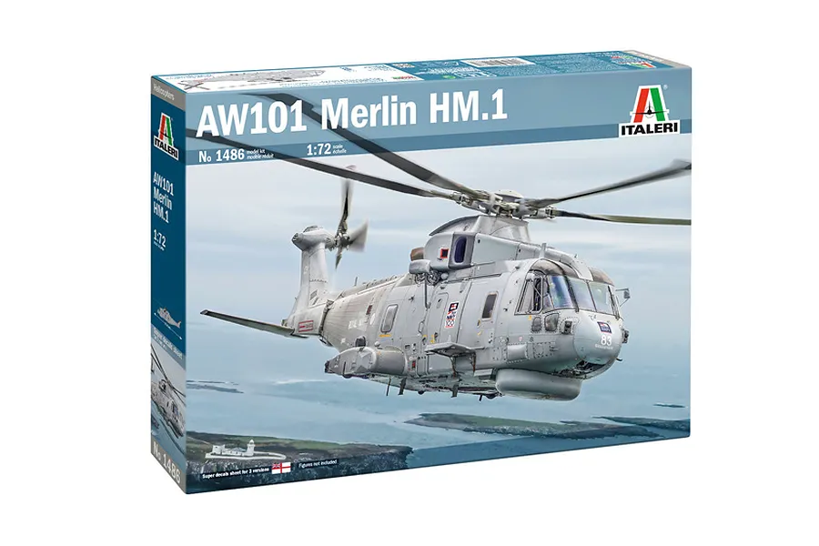 Product box for Italeri 1/72 AW-101 Merlin HM.1 helicopter model kit showing artwork of the military aircraft in flight.