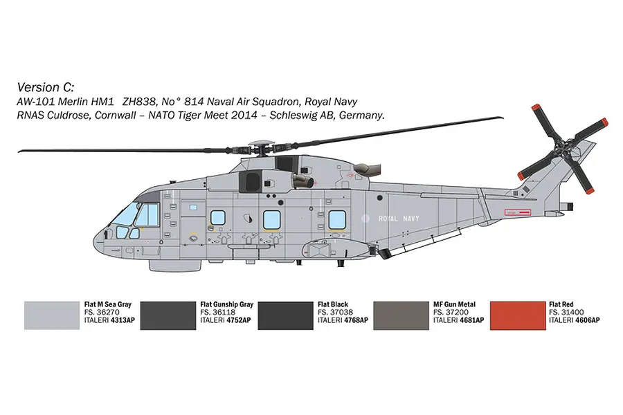 Colour profile and paint guide diagram for Version C of the Italeri 1/72 AW-101 Merlin HM.1 helicopter model kit.