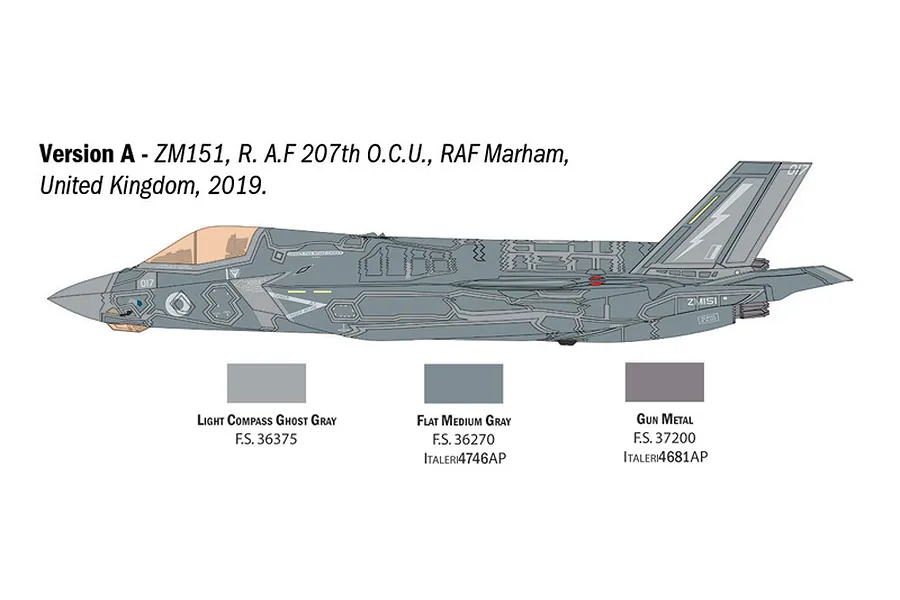 Diagram showing Version A livery and color callouts for the Italeri F-35B Lightning II model kit.
